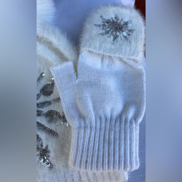 Girls’ hat and glove set, white, fuzzy faux fur, silver sequin snowflake, OS - Picture 5 of 8